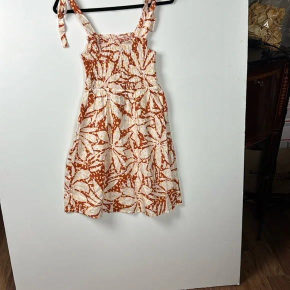 Nicole Miller NWT SZ XS Linen Orange,Cream,Yellow Sun Mini Dress w/Smocking - Picture 11 of 16